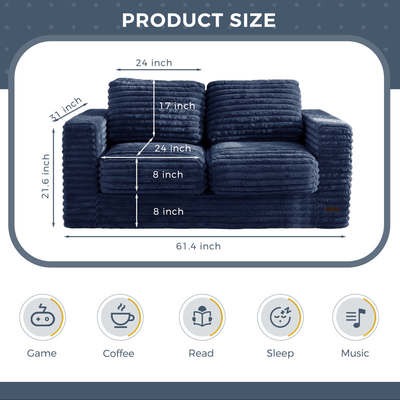 62" Compression Bean Bag Sofa Faux Fur Upholstered Loveseat Floor Sofa With Pillows, Blue