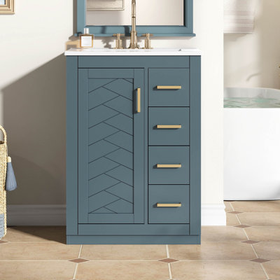 Meuble-lavabo 24 po avec lavabo intégré en céramique, meuble-lavabo à une porte, 3 tiroirs et meuble-lavabo simple pour petite et moyenne salle de bain