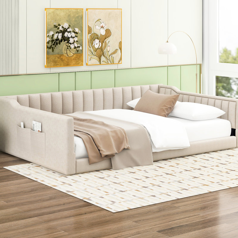 Full Xl Sized Beige Upholstered Daybed With Side Pocket - Versatile And Stylish For Modern Homes No Box Spring Required, Easy Assembly Steps Velvet Storage Chic Functional Guest Rooms Needed,