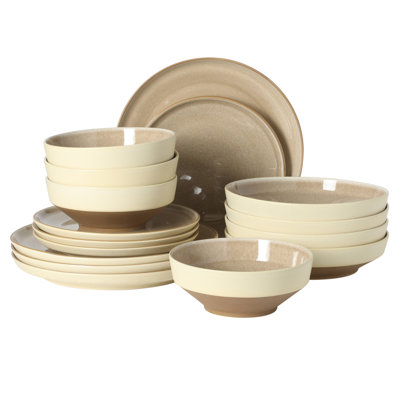 Service de table en grès 16 pièces Gibson Elite Octavia Place, service pour 4, assiettes et bols coupe moderne, finition glacis réactif, taupe, va au micro-ondes et au lave-vaisselle