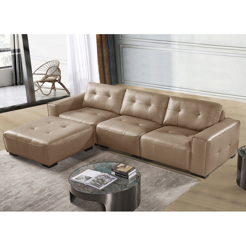 4 Piece Modular Pu Leather L-shape Couch With Ottoman, Light Brown Faux Leather