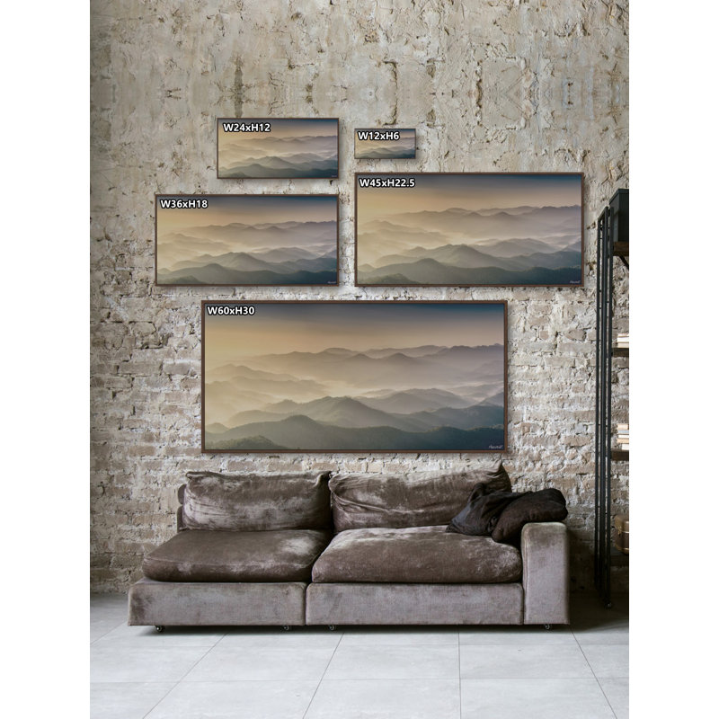 «Foggy Sunrise» par Marmont Hill - reproduction de cadre flottant sur toile, L 24 po x H 12 po