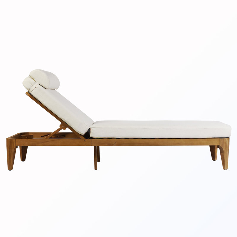 Chaise longue d'extérieur en bois avec dossier réglable et coussin de tête, Beige