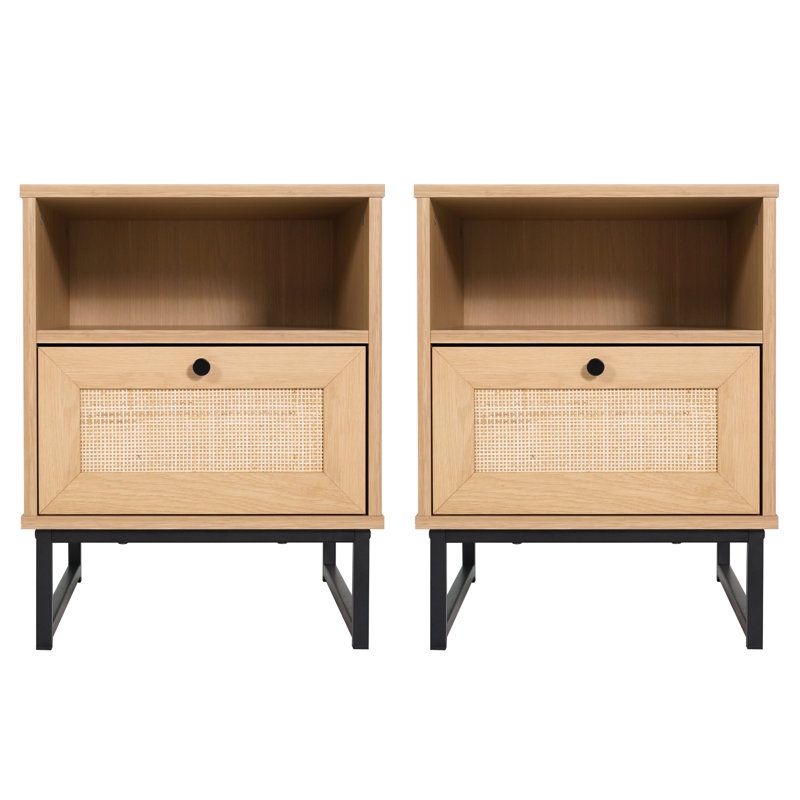 Mid-Century Modern Nightstands or End Tables with Rattan Accented Drawers, Natural Wood