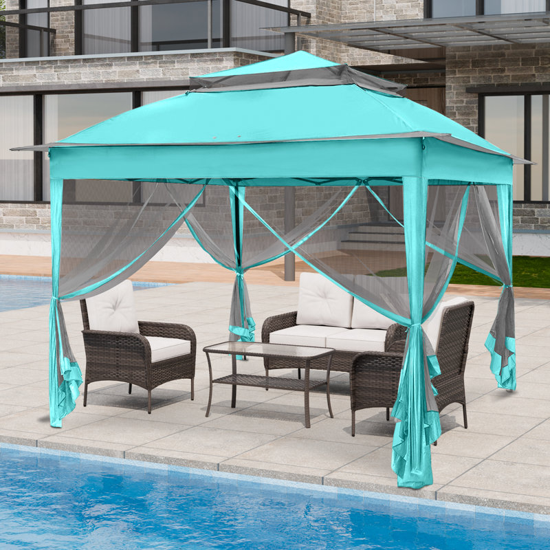11 Ft. W x 11 Ft. D Outdoor Pop Up Soft Top Steel Patio Gazebo with Netting, Turquoise Blue