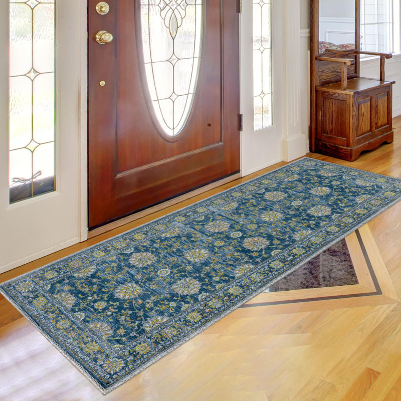 Tapis bleu infroissable tissé à plat pour salon, couloir, Tapis de couloir 1 pi 8 po x 4 pi 11 po