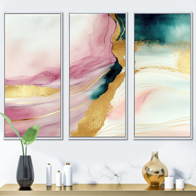 " Abstract Geode Pink And Green Marble I " 3 - Pieces