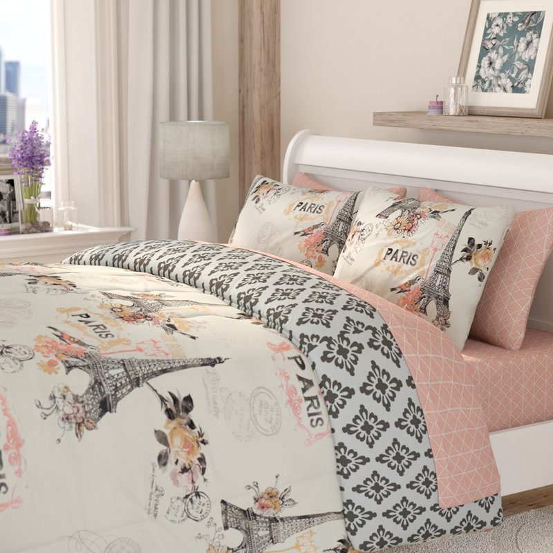 Blue Parisian Reversible Microfiber Queen Bed in a Bag Set