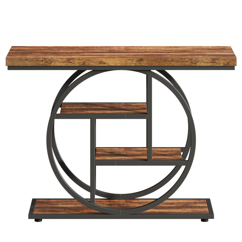 41.3" Industrial Console Table, 4-Tier Rustic Brown Sofa Table With Unique Circle Metal Frame & Storage Shelves, Narrow Entryway Accent Table For Living Room, Hallway, Foyer