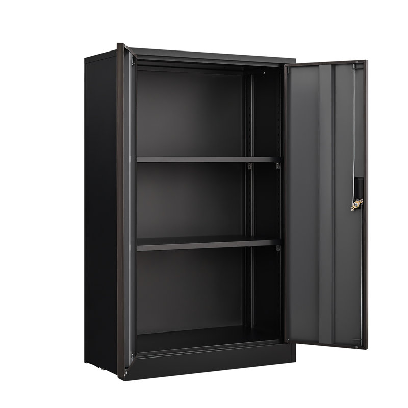 Adjustable Shelf Folding Storage With Locking Doors, Black Steel Cabinet For Home Office, Garage, Solid Tube Shaft Metal Filing Shelf, Black, Easy To Assemble, Spring Loaded Door And