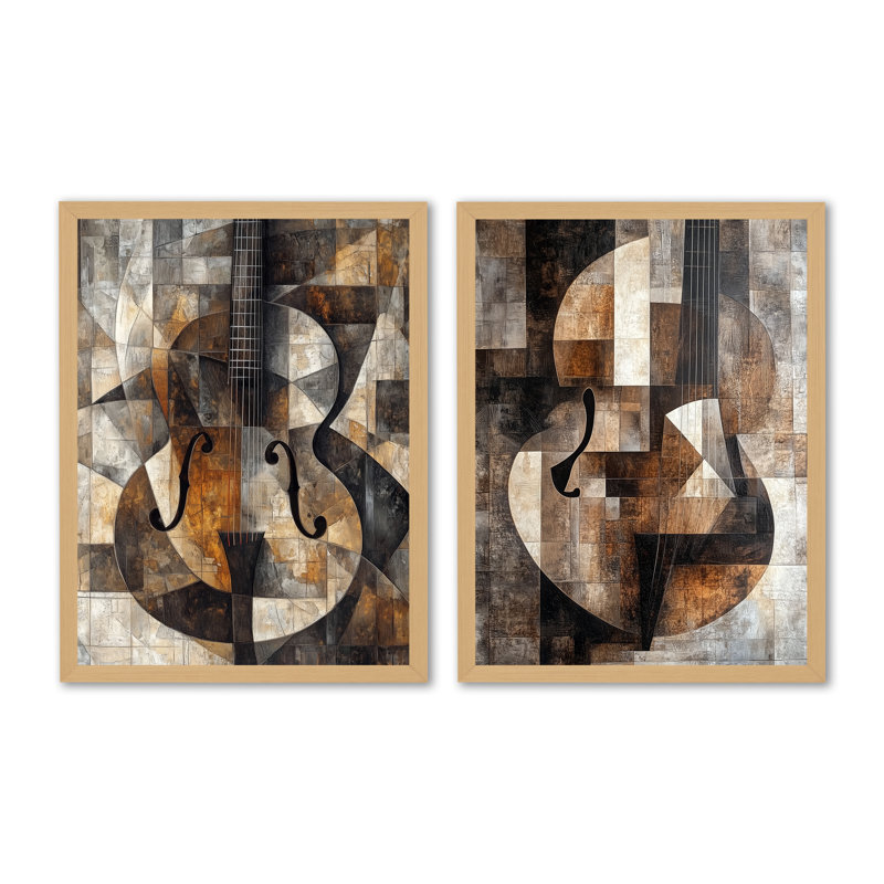 Mandoline dans des plans brisés I - Ensemble de 2 décorations murales cubistes, 32" H x 48" W, Natural Picture Framed