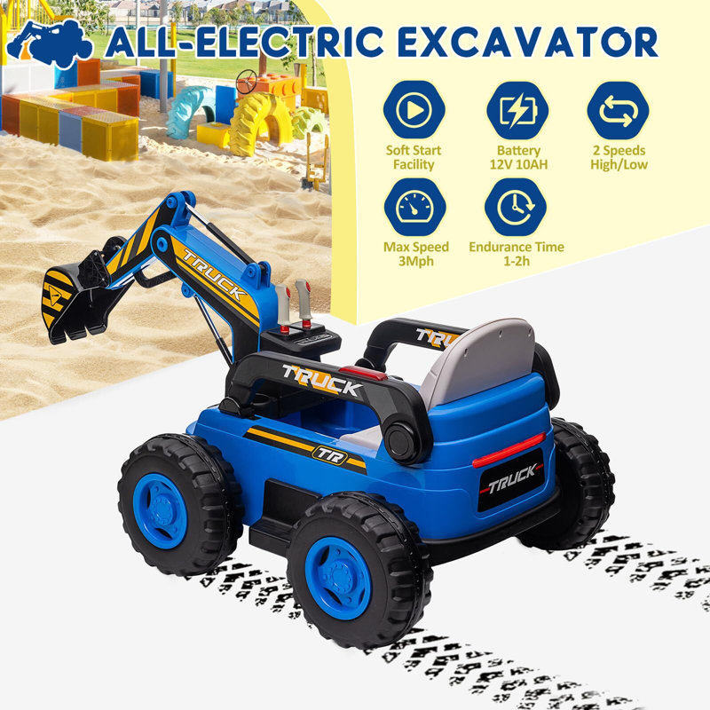 Ride On Excavator For Kids, 4WD Electric Excavator Toy, Bleu