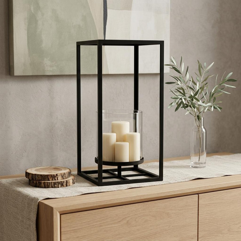 Porte-bougie de table 16 po en métal et verre noir et transparent