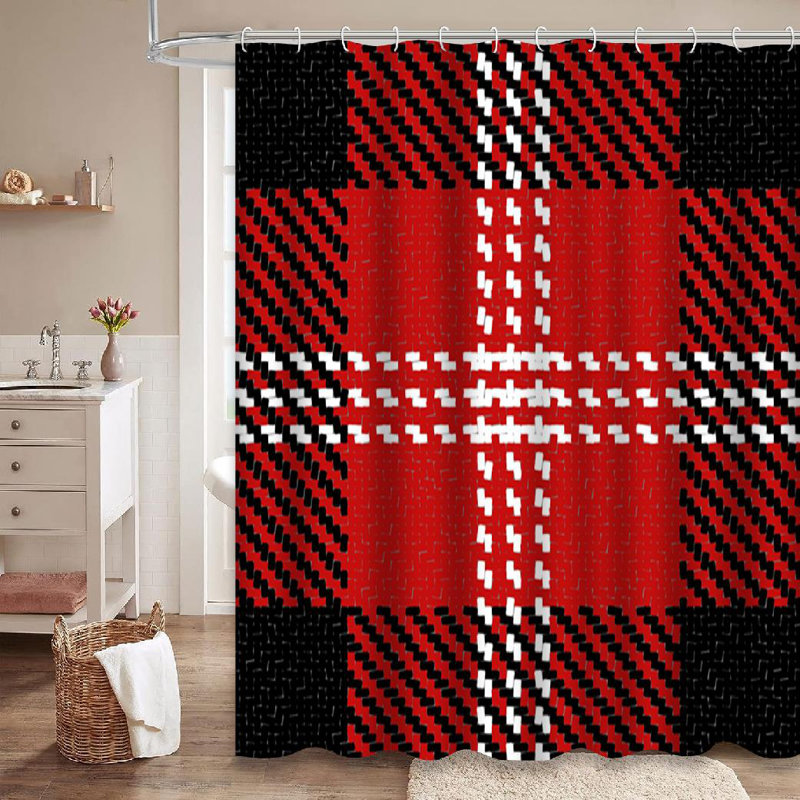 Rideau de douche à carreaux noir et rouge style rustique avec 12 crochets, L 72 po x l 72 po