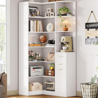 Bibliothèque à 6 niveaux en L avec 10 tablettes ouvertes et 2 tiroirs de rangement pour le salon ou le bureau à domicile