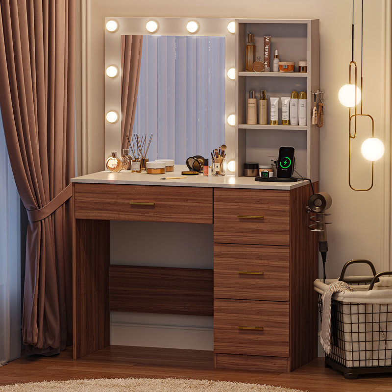 Meuble-lavabo avec 10 lumières et 3 modes d'éclairage avec miroir et prise de courant, Naturel