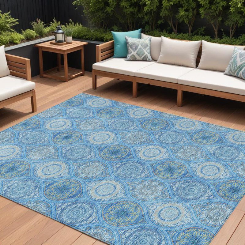 Tapis intérieur lavable 10 pi x 14 pi bleu ciel et bleu médaillon floral