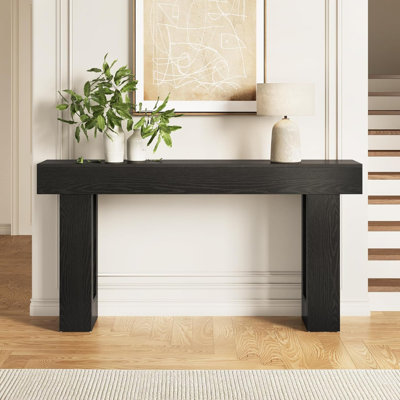 63 Inch Black MDF Wooden Console Table, Hollow Cutout Leg Farmhouse Sofa Table Behind Couch, Rectangular Entryway Foyer Accent Console Table for Livin