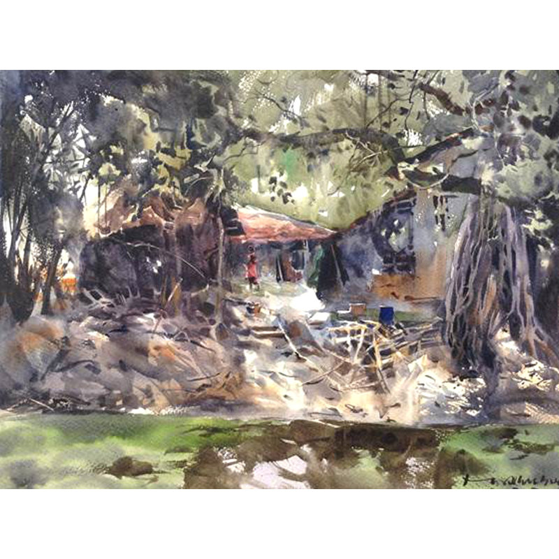 Un paysage de village | Aquarelle de Madhusudan Das