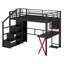 Lit mezzanine double en métal avec poste de travail intégré, garde-robe, escalier de rangement et DEL