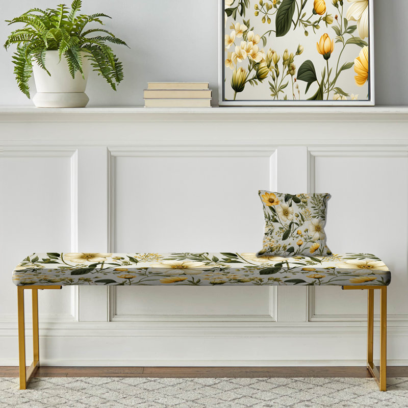 Upholstered Gold Bench, Botanical Neutrals Boho Pattern III