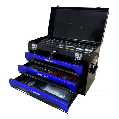 Boîte à outils 20 po 3Drawer portable en acier, 4 couches d'outils avec loquets en métal, avec plateau de rangement supérieur et poignée de transport, rangement d'outils multifonction pour le garage, la maison ou l'établi, noir et bleu