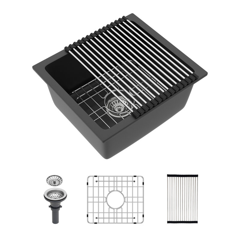 Quartz Kitchen Sink - 17.71"X15.74"X9" Black Granite Composite Undermount Kitchen Sink, Black