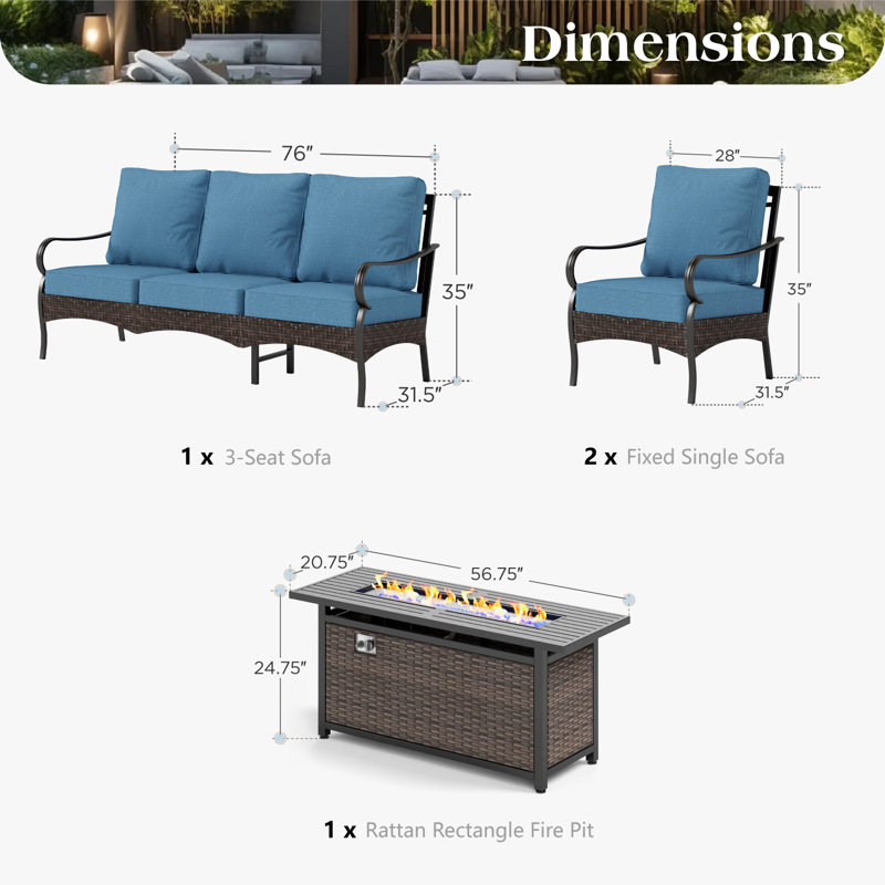 Ensemble de conversation pour patio 5 personnes avec table foyer , 5 Pcs: Fire Pit, 2 Chairs, Sofa, Table, Marine