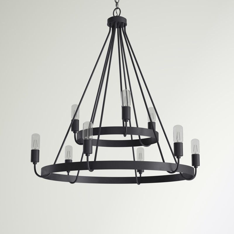Lustre unique en forme de roue de chariot à 9 lumières Bailey, Noir mat