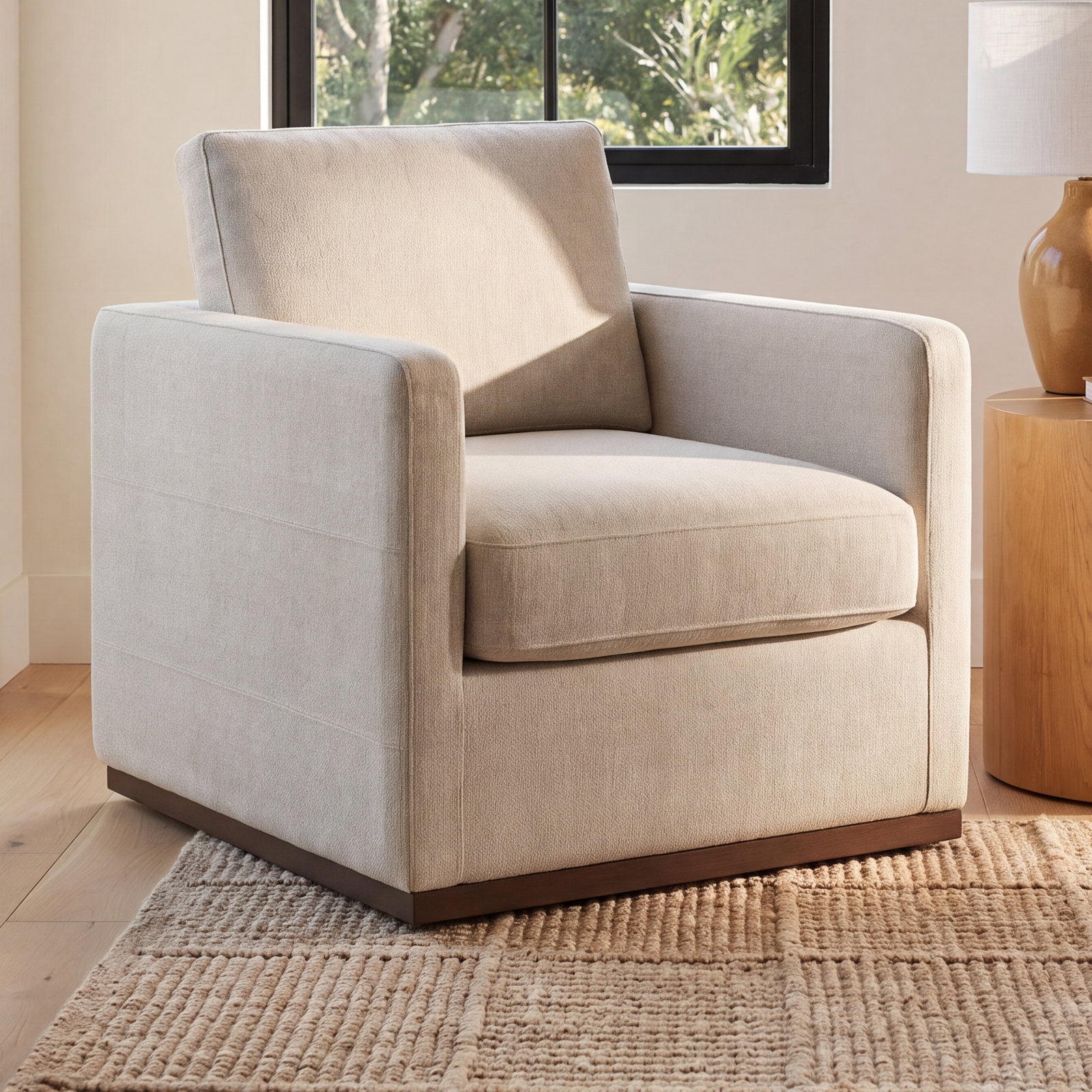 Bobbi Upholstered Swivel Armchair, Effie Linen Performance Linen