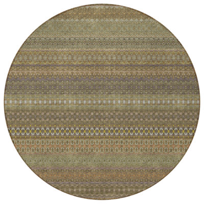 8' Round Khaki Round Striped Washable Non Skid Indoor Outdoor Area Rug