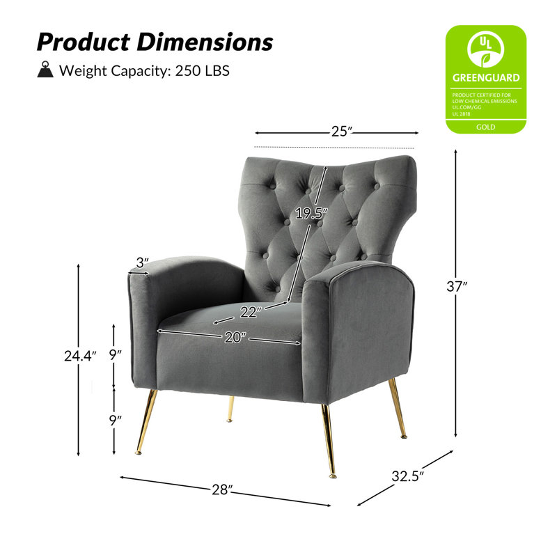 Tonas Upholstered Wingback Chair, Grey Velvet