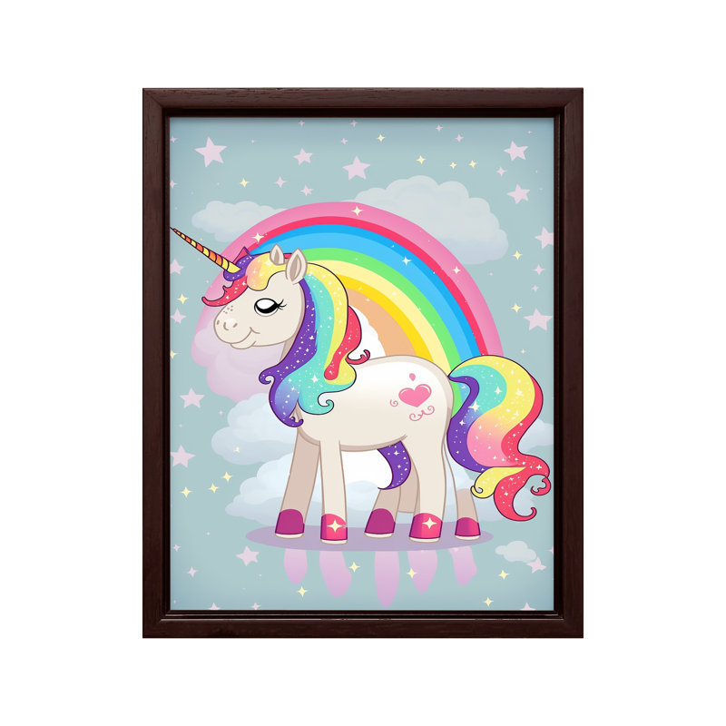 Licorne arc-en-ciel, 18"H x 24"W, Canvas, Brown Framed