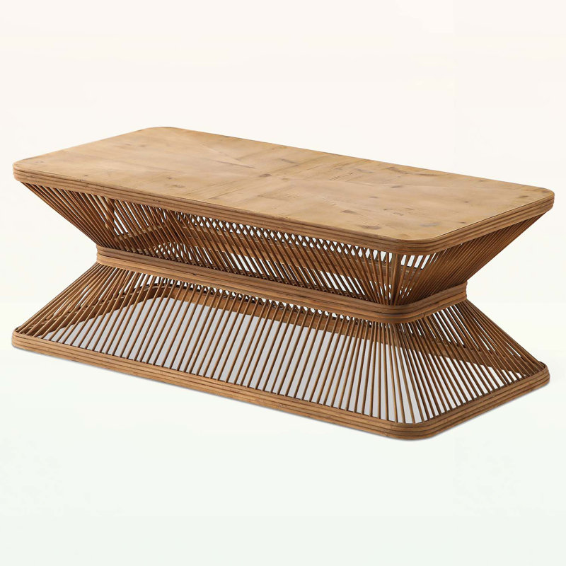 Rustic Coffee Table with Woven Bamboo Base