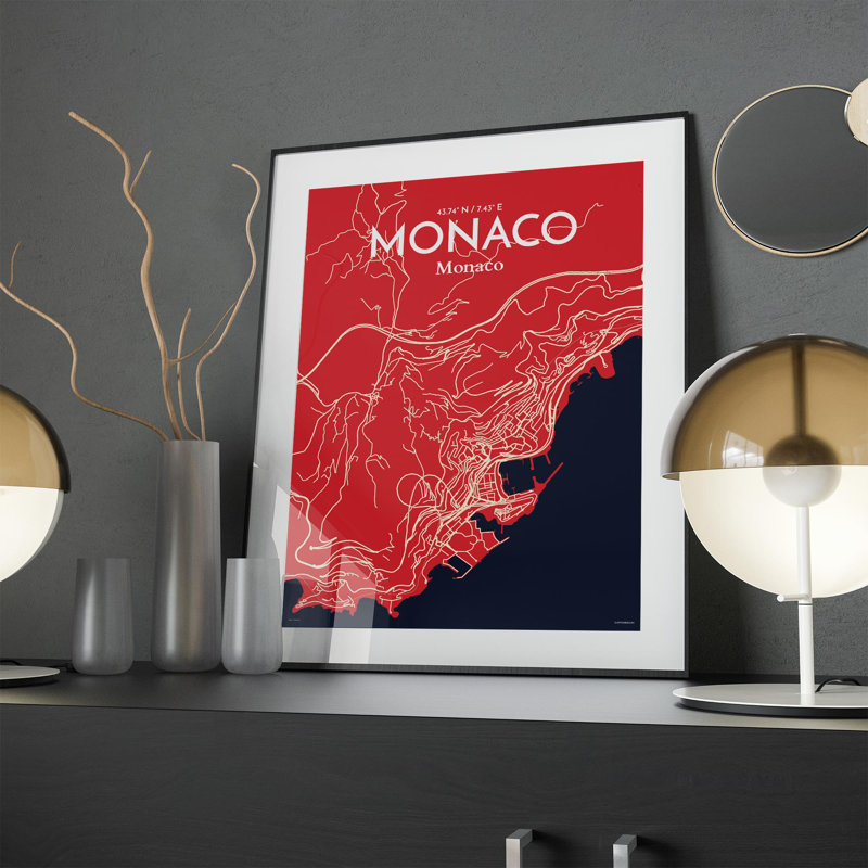 Monaco City Map, impression, Rouge / Bleu marine, H 24 po x l 18 po