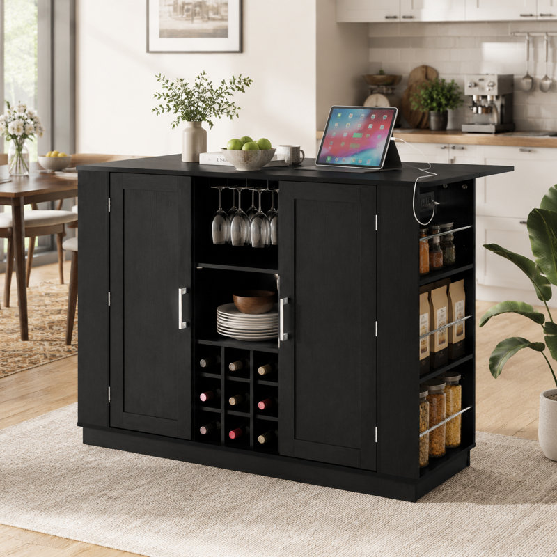 U-Shaped Integrated Bar & Sideboard — Home Dining Unit Featuring Foldable Countertop, Built-In Power Outlets, Double-Door Storage, Wine Rack, And Stemware Holder