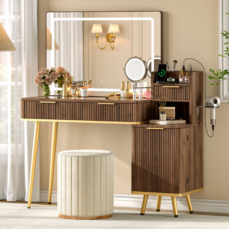  Bureau de meuble-lavabo avec miroir et lumières, meuble-lavabo à plateau en verre cannelé avec grossissement 1x / 5x et station de charge / tablettes réglables pour femmes / filles, noyer foncé