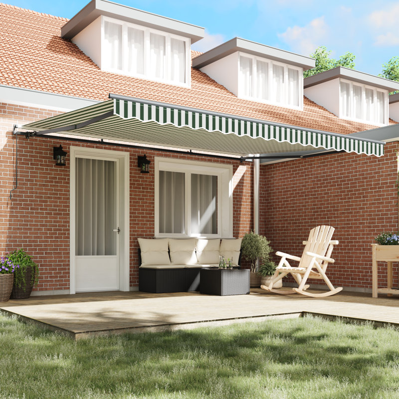 Brayden Studio Retractable Patio Awning, 450 cm W x 350 cm D, Green/White Striped