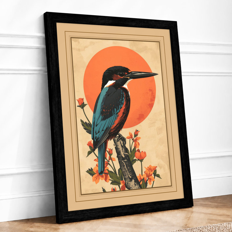 Kingfisher And Sun Japandi - Print, Black, A4 - 29.7 x 21.0 cm