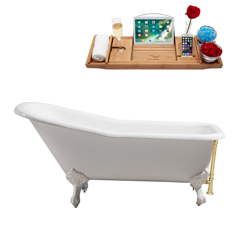 Baignoire de trempage sur pattes 66 "avec drain, pattes et plateau en bambou 66" Streamline, Blanc lustré, Or poli