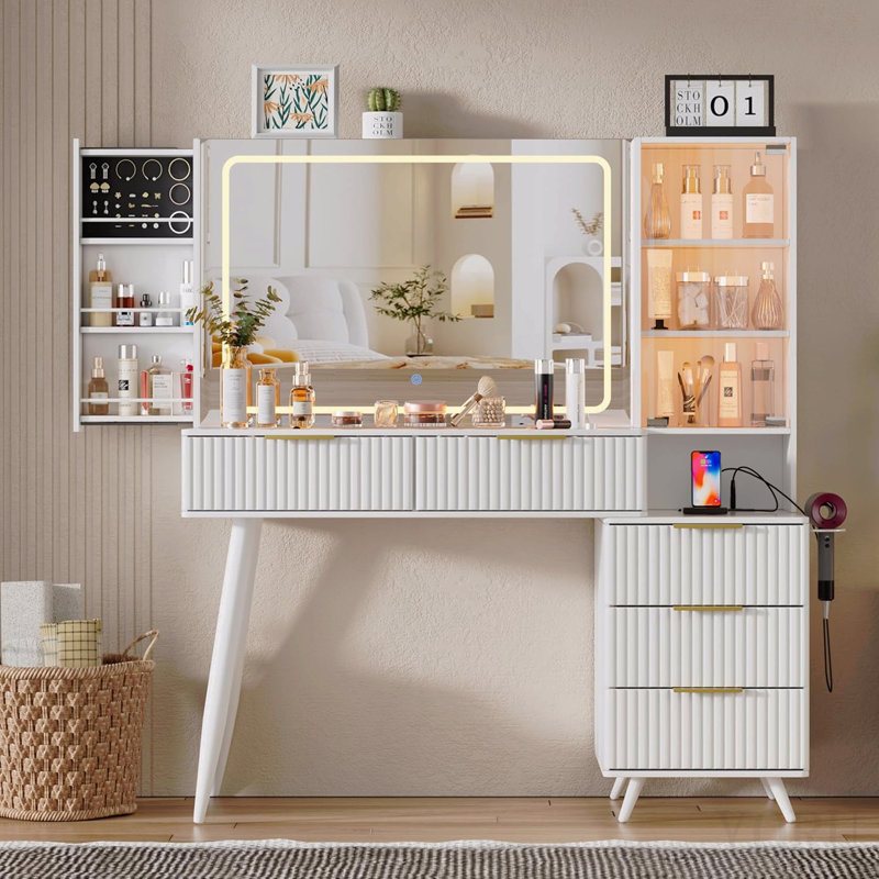 Bureau de coiffeuse avec miroir et lumières, coiffeuse de maquillage avec plateau en verre, coiffeuse avec tiroirs, table de maquillage pour femme (plateau en verre blanc)