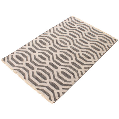 Tapis gris / ivoire en laine tissé à plat à la main à motif géométrique
