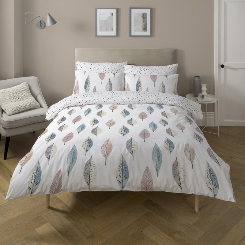 Loire Scandi Leaf Reversible Duvet Cover Set with Pillowcases Quilt Cover Soft and Breathable, Off White