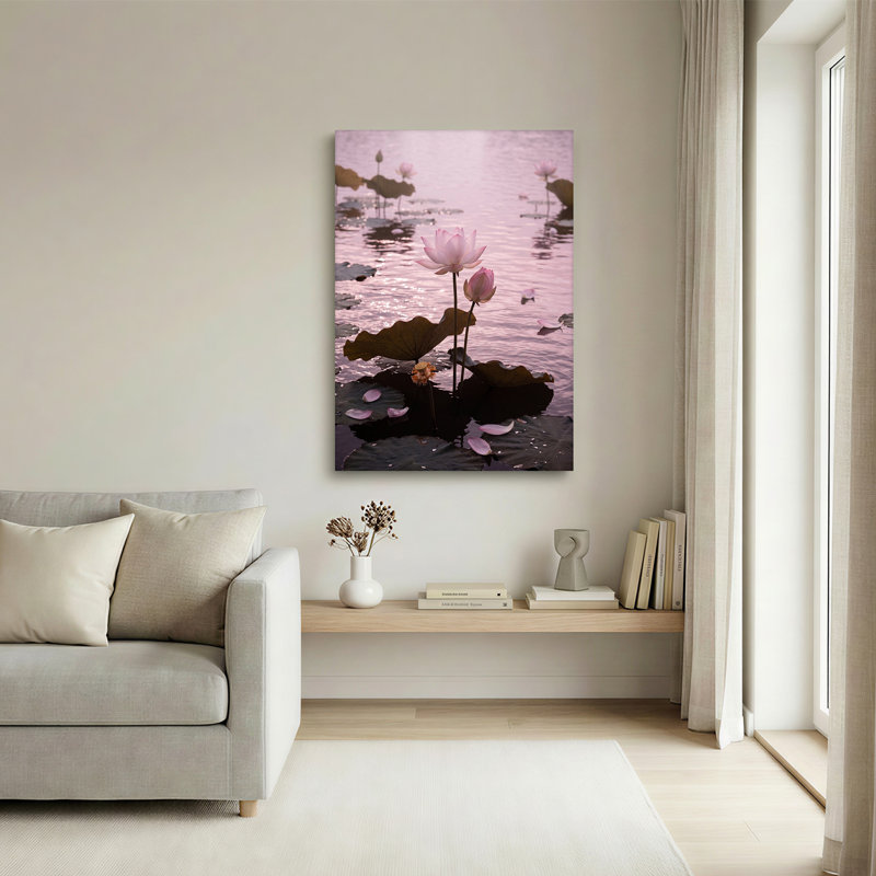 Art sur toile, fleurs de lotus rose et nénuphars, H 40 po x l 28 po
