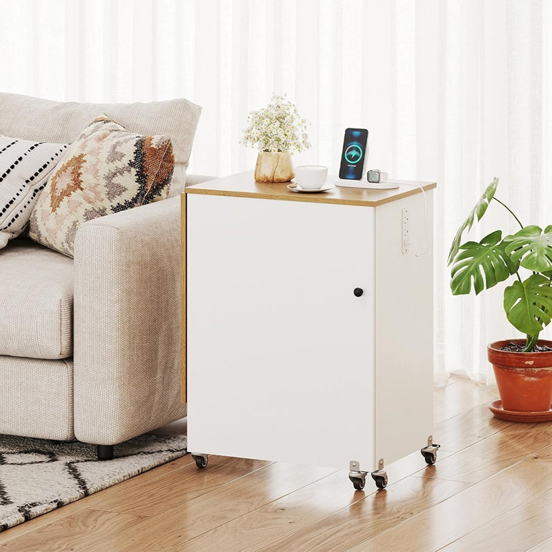 Table de couture pliante avec station de charge, bureau d'artisanat roulant, blanc / naturel