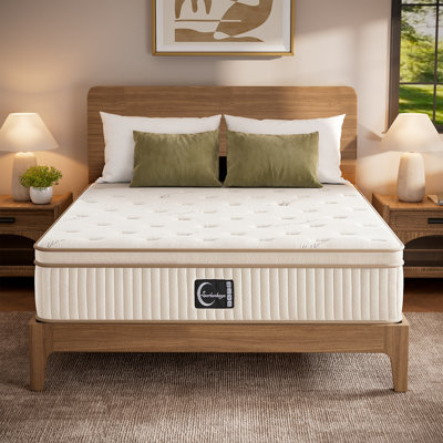 Matelas hybride mi-ferme de 35,5 cm (14 po) en coton biologique King, avec surmatelas intégré, mousse à gel rafraîchissante, soutien à 7 zones, soutien des bords et réduction des transferts de mouvement.