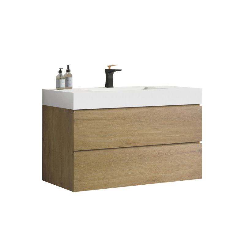 36" Bathroom Vanity In Black And Oak - Style, Wall Mounted, Spacious Interior Bath Unit Oak, Basin, Storage Compartments, Oak