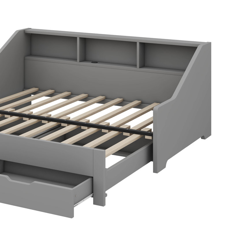 Convertible Daybed Frame King Size With Stylish Storage Bookcases, Grey