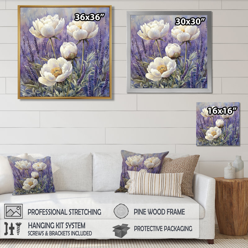 Pivoines dans le champ de lavande I - pivoines, art mural, Impression encadrée flottante, Crème, crème, H 16 po x l 16 po
