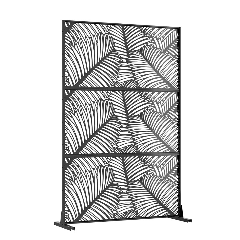 Freestanding Metal Privacy Screen, Laser Cut Decorative Garden Fence Panel with Stand, Rustproof Galvanised Steel Divider, 183x120cm, Black, Palm Leaf Pattern